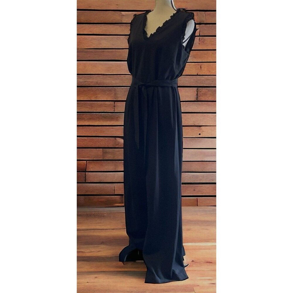 Emma & Michele Womens V Neck Ruffle Jumpsuit Size 10 Black Zipper Tie - Picture 6 of 16